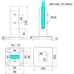 Vrchné kotvenie pre sklo 10 - 12,76 mm, brúsená AISI 316 Vrchné kotvenie pre sklo 10 - 12,76 mm, brúsená AISI 316